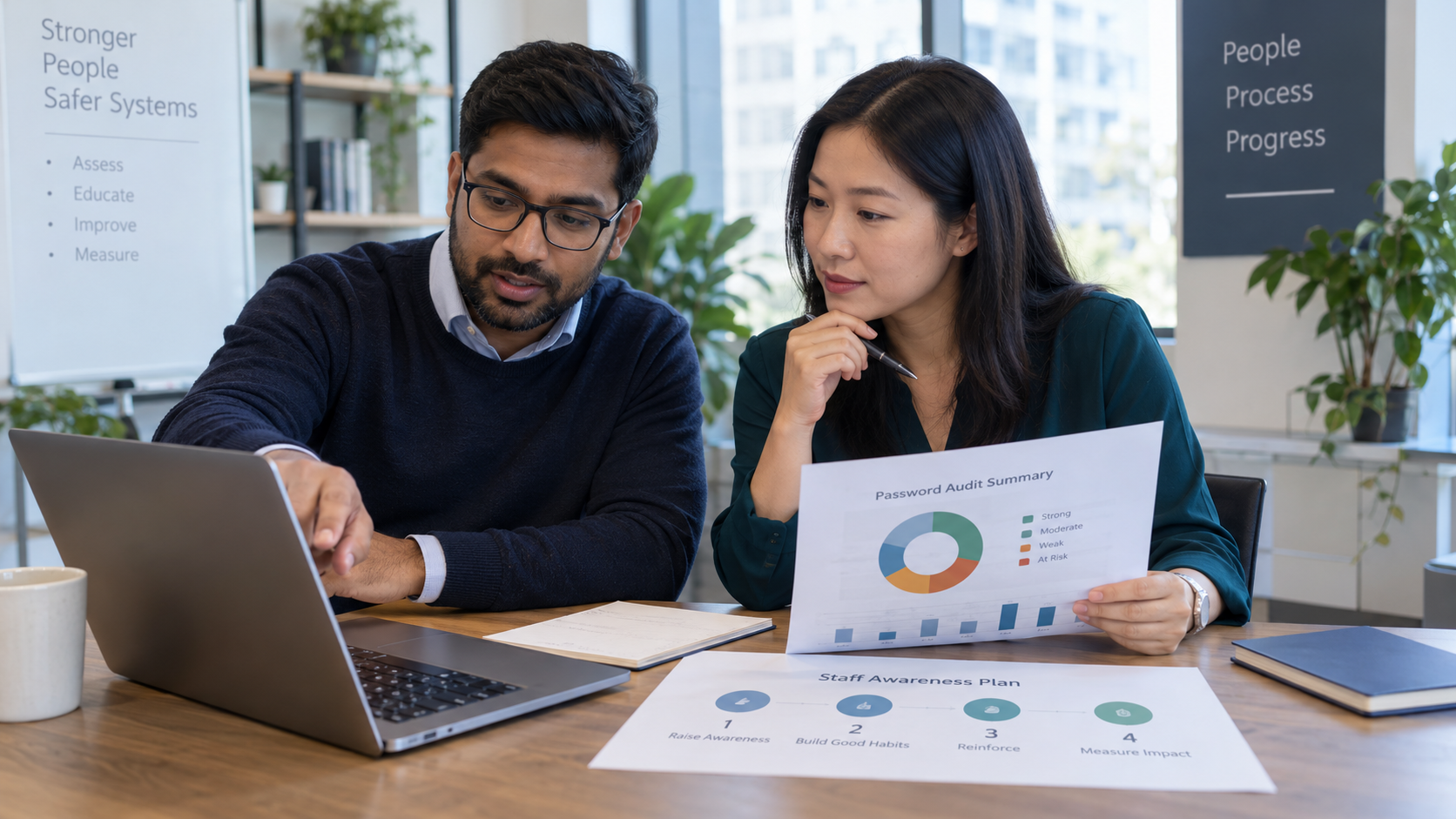 A security consultant and training manager reviewing password audit findings