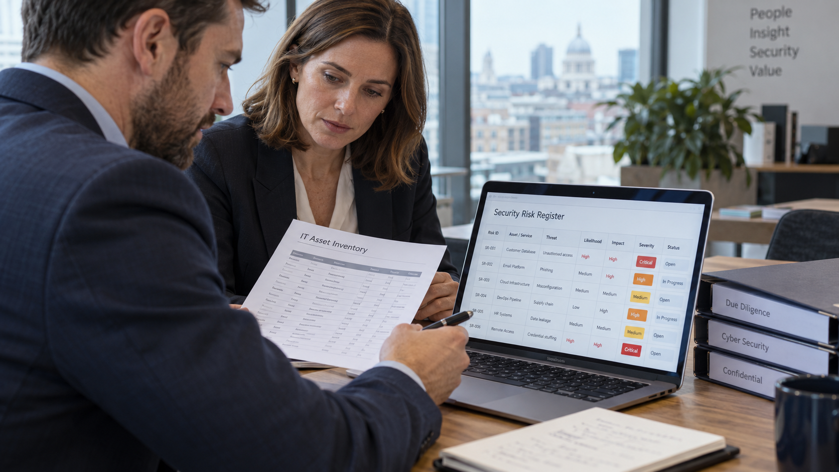 Specialists reviewing digital assets and a cyber risk register for due diligence