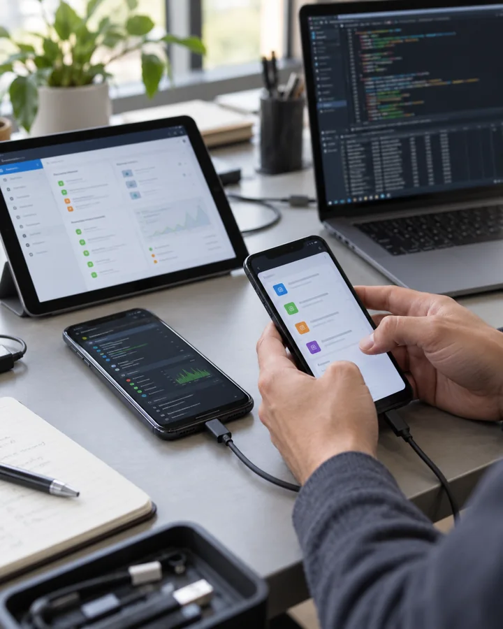 Illustrative photo of mobile devices connected to a testing workstation