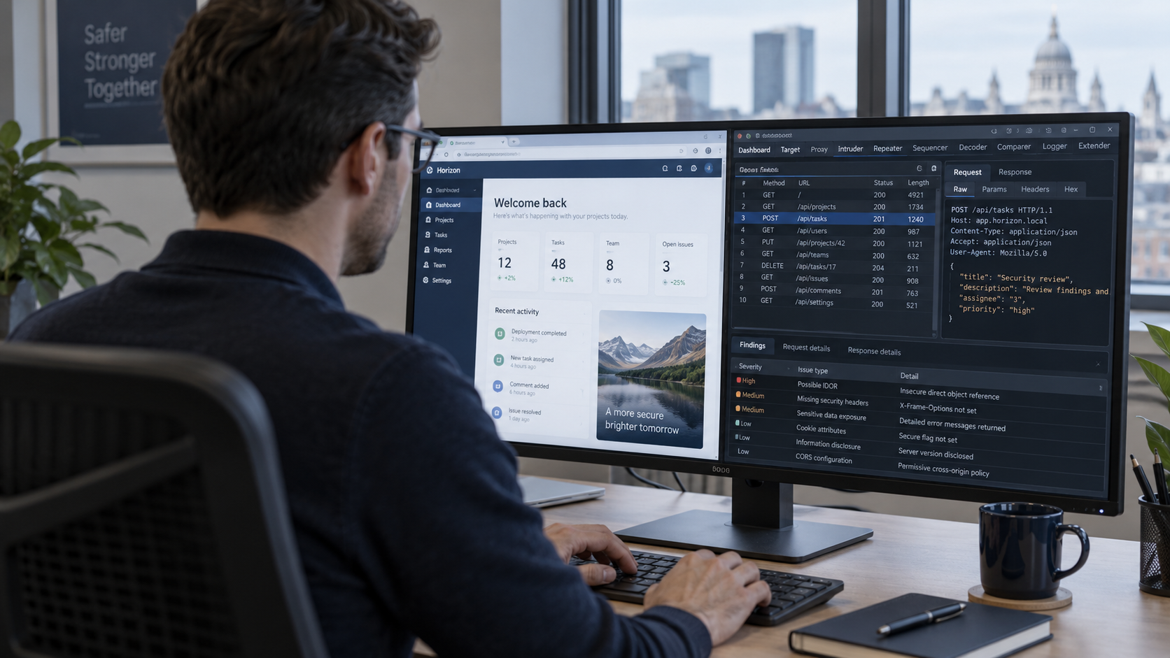 An analyst investigating application requests and security findings